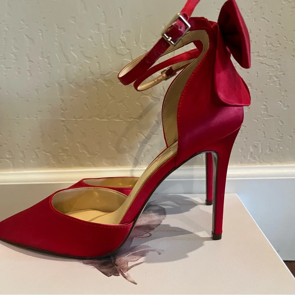 Jessica Simpson Red Satin Heels with Bow - Picture 8 of 12